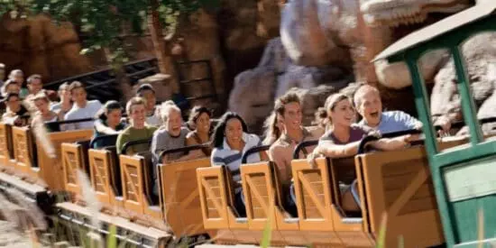 Guests riding on Big Thunder Mountain Railroad at Disneyland